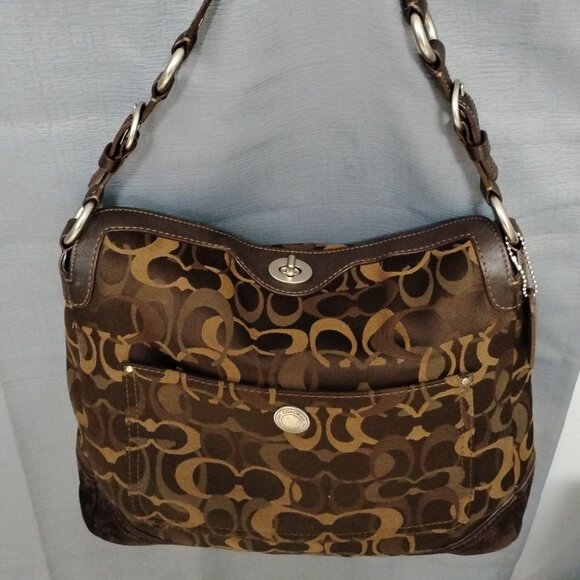 ❤️COACH Chelsea Tricolor Turnlock 10143 Brown signature Purse - Picture 1 of 9